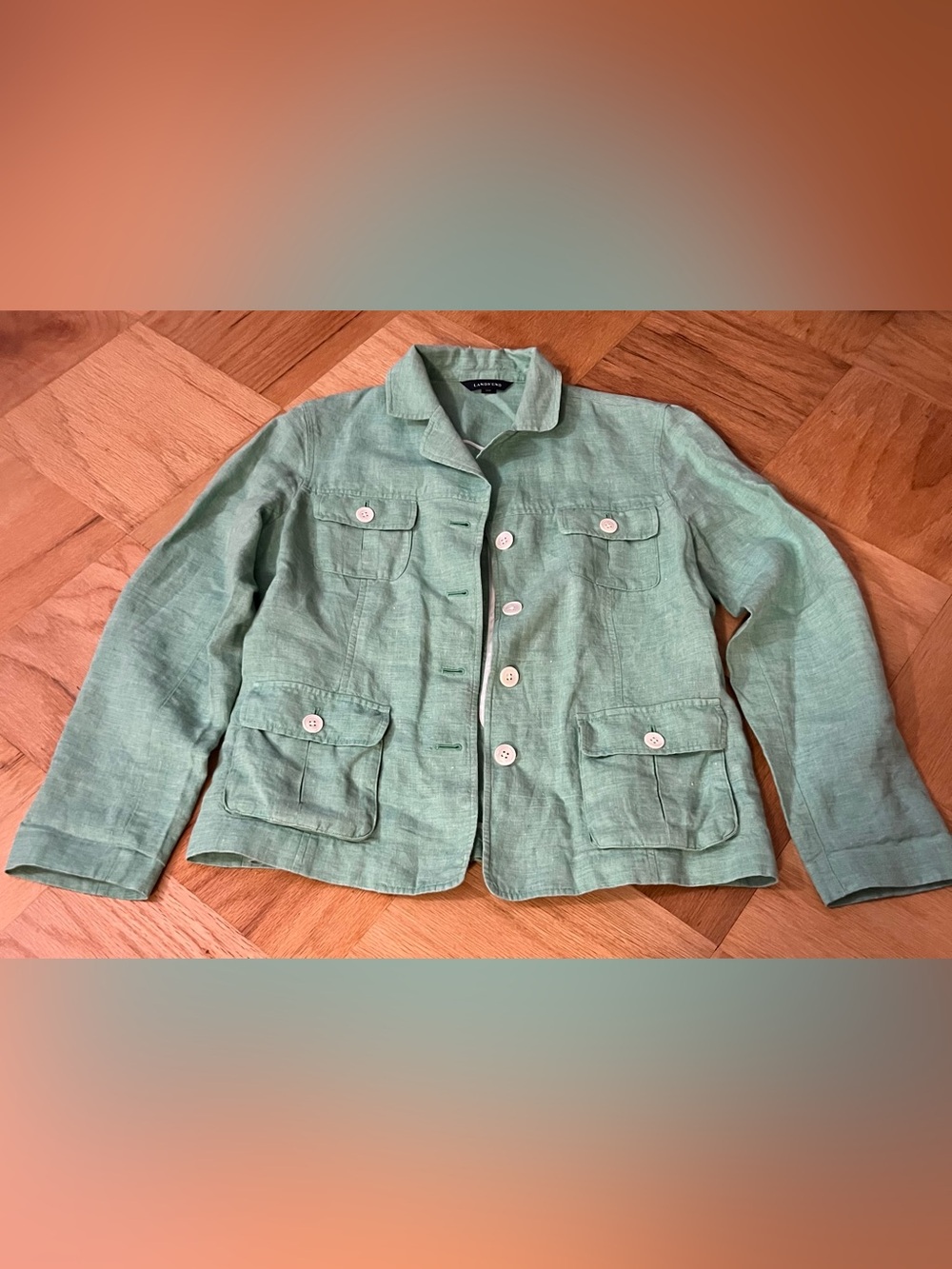 Green Lands’ End Linen Collared Jacket with Utility Pockets